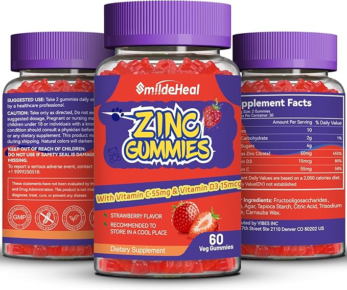 Zinc Gummies, Zinc 50mg, Zinc Citrate, with Vitamin C, Vitamin D3, Non-GMOs, Gluten Free, Strawberry Flavor Gummies, 60 Count (Pack of 2)
