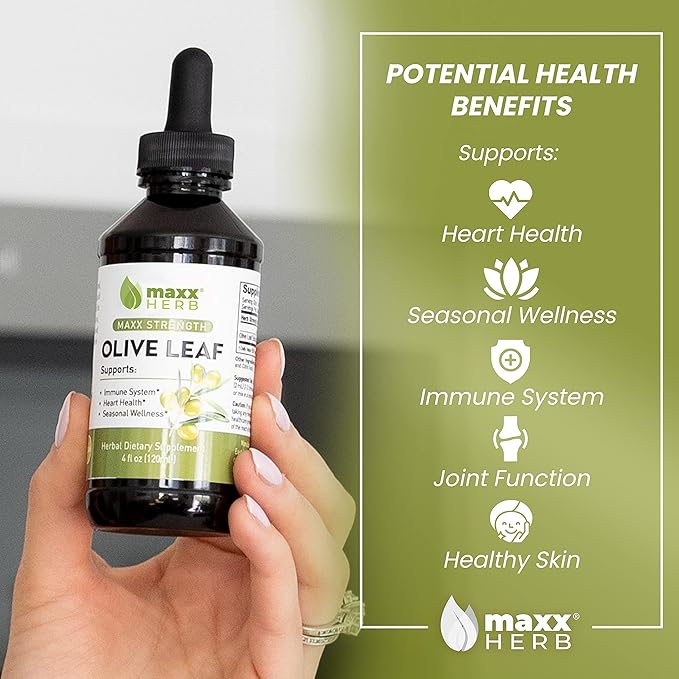 Maxx Herb Olive Leaf Extract – Max Strength Oleuropein Liquid Absorbs Better Than Capsules or Tea, for Immune Support, Heart Health, and Seasonal Wellness - 4 Oz Bottle (60 Servings)