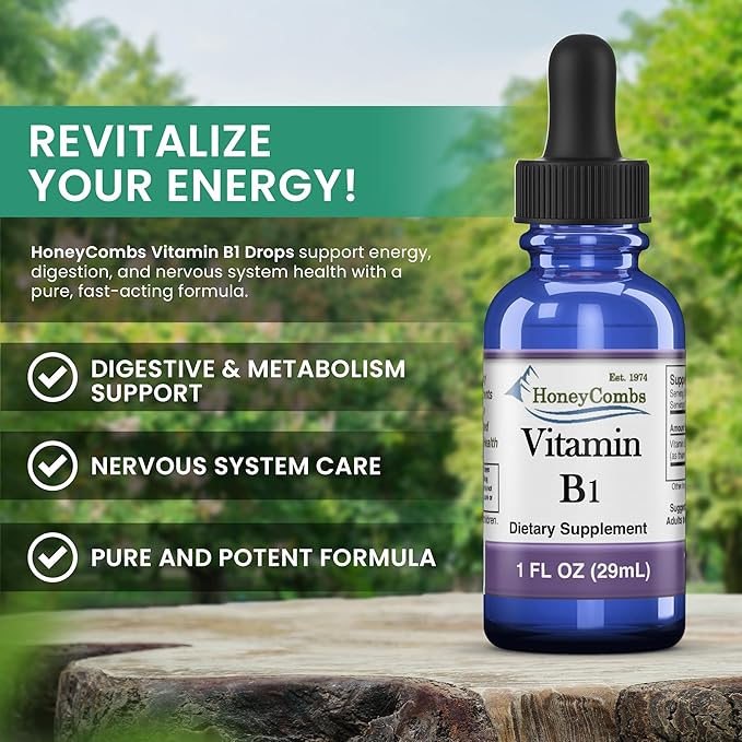 HoneyCombs Vitamin B1 Supplement (Thiamine) Liquid Drops - High Potency Thiamine B1 Supplement for Men & Women - Maintain Nervous System, Energy & Overall Health - Vegan Liquid B Vitamins (16 Fl oz)