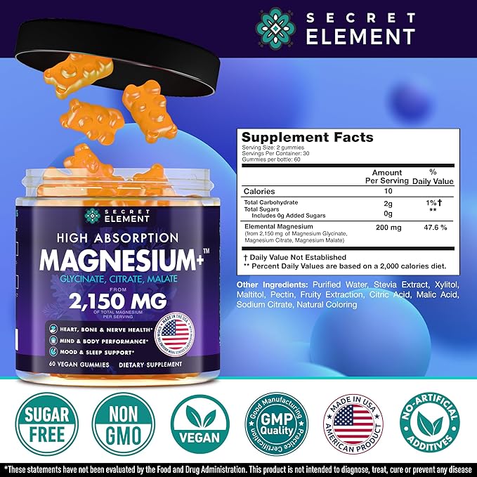 Secret Element Magnesium Glycinate 2150MG Gummies for Women and Men, High Absorption Magnesium Glycinate, Citrate, Malate, Sugar Free, Vegan, 60 Chews, Pack of 2, Orange