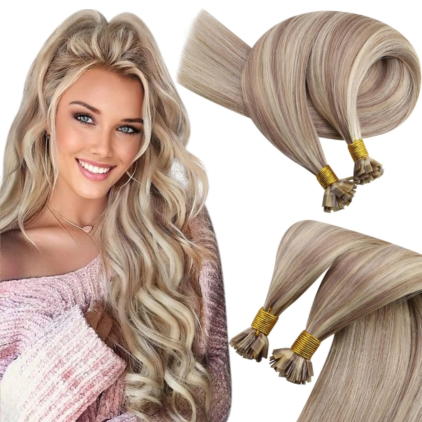 Sunny Hair Flat Tip Hair Extensions Ash Blonde Highlighted Bleach Blonde Flat Tips Human Hair Extensions Keratin Hair Extensions
