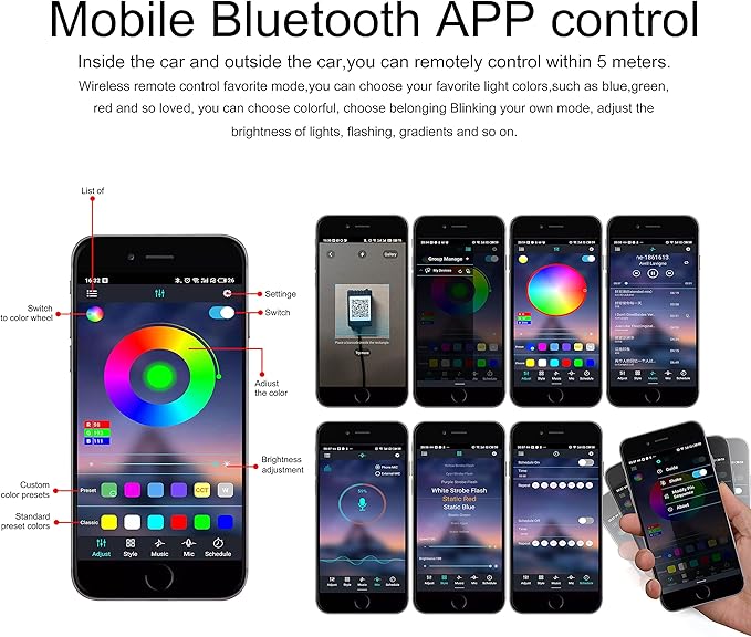 Car Interior Ambient Lighting Optic Fiber RGB 64 Colors Multicoloured Music Car Footwell Lighting Kit with Cigarette Lighter and App Microphone, 12-24V 5m