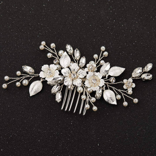 Sweetv Silver Bridal Hair Comb For Wedding Hair Accessories, Handmade With Crystals, Pearls, And Leaves, 4.72 X 2.75 Inches, For