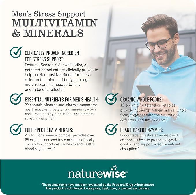 NatureWise Multivitamin for Men + Stress Support + Fulvic Ionic Minerals + Probiotics for Immunity, Male Health, Digestion + Whole Organic Foods - Vegetarian, Non-GMO - 60 Capsules[1-Month Supply]
