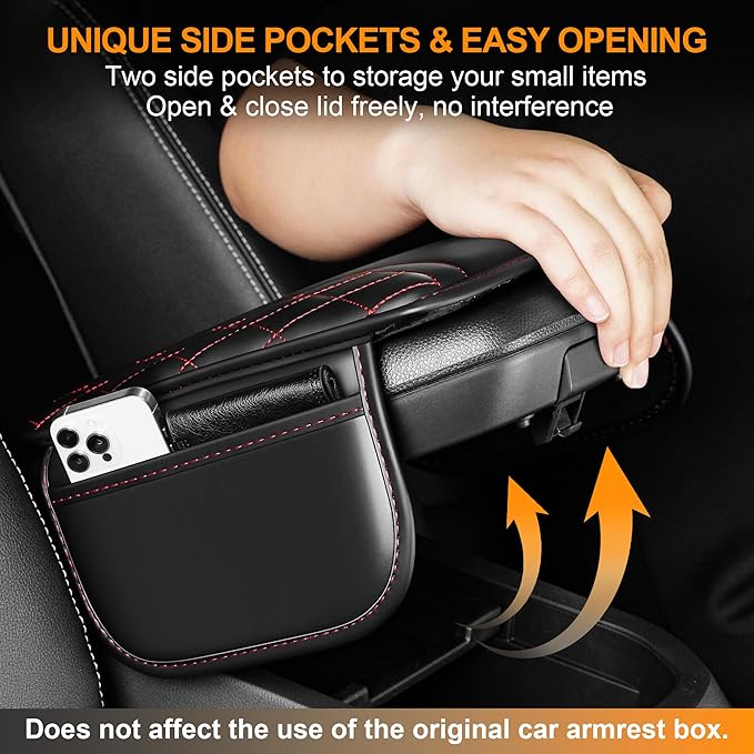 Car Center Console Cover Fit for Jeep Compass - Leather Armrest Covers with 2 Storage Pockets(Black&Red)