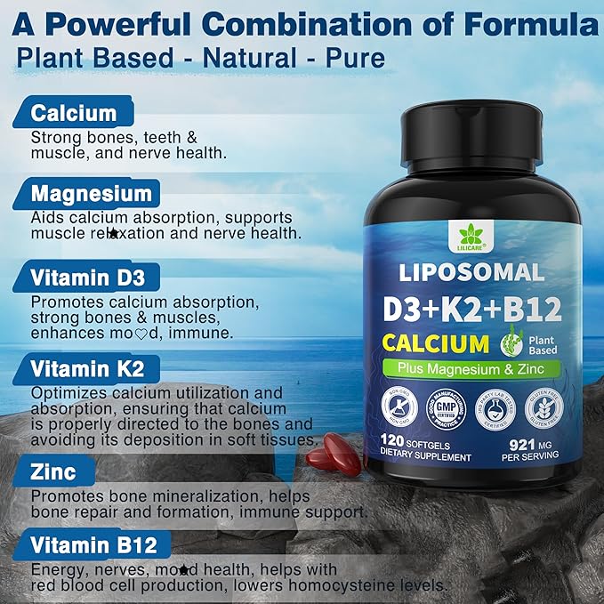 6-in-1 Plant Based Calcium Supplements for Women Men- Calcium 600mg w/ D3 K2 5000 IU Vitamin, Liposomal & Algae Ca-lcium Magnesium Zinc + Vegan Vitamin D 5000 IU + K2 MK7 + Methyl B12 for Bone, 1 Pack