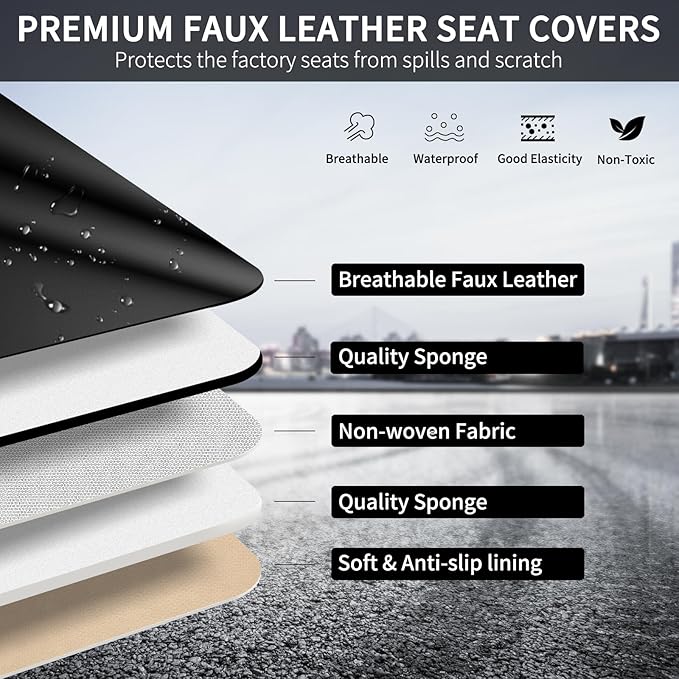 Leather Seat Covers for Cars, 2Pcs Universal Front Automotive Seat Covers, Full Coverage Waterproof Car Seat Covers for Most Trucks, SUVs, Sedans, Luxury Breathable Auto Seat Cover, Black
