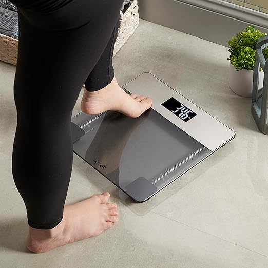 Taylor Digital Glass Bathroom Scale, Scale for Body Weight, Digital Weighing Machine for People, Tinted Glass and Brushed Stainless Steel Accents, 440 lb Capacity, Vanishing LED, Tinted, Clear