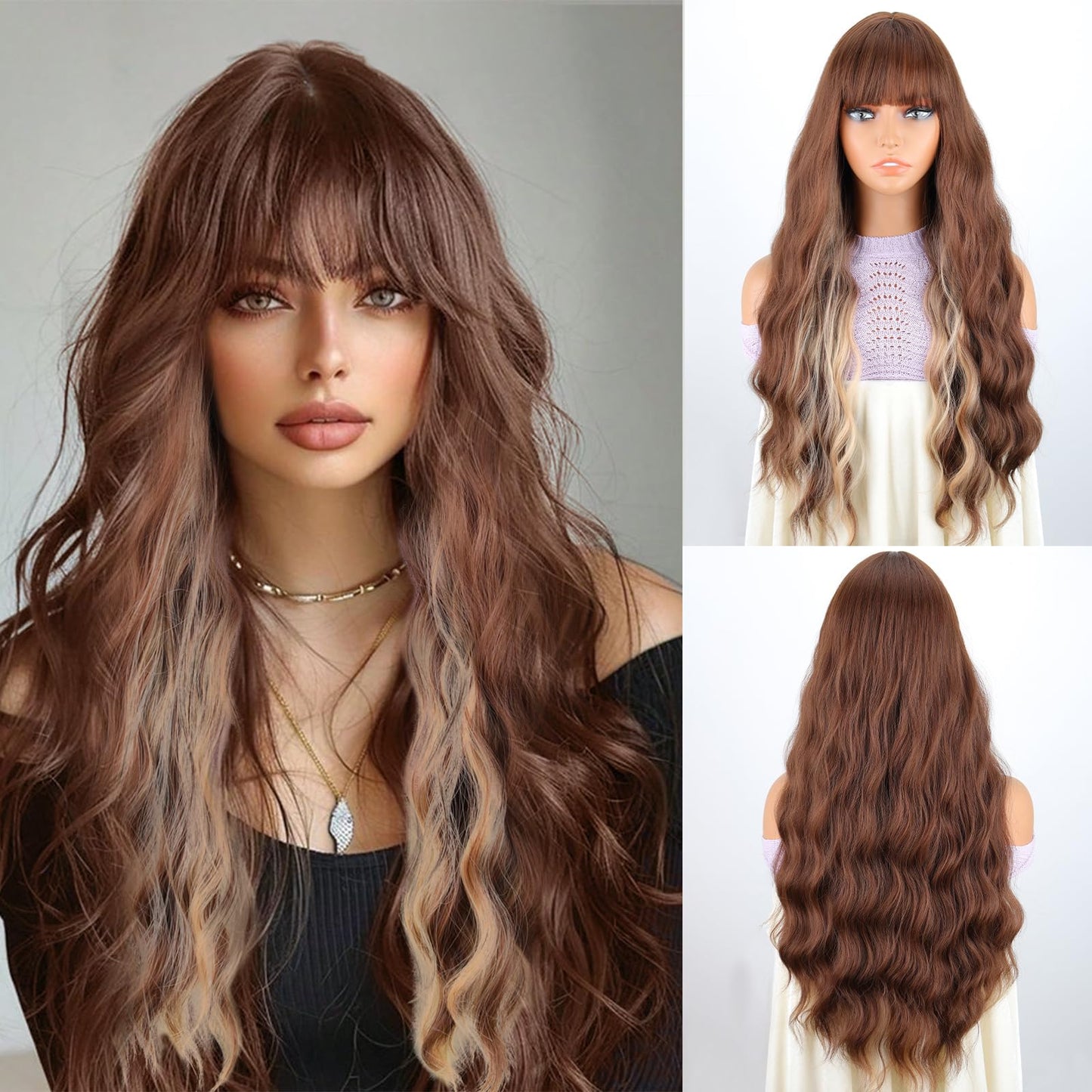 Merisihair Light Brown Wavy Wig With Bangs For Long Women Brown And Blonde Wavy Hair Wigs Ombre Highlight Ash Brown Mixed Golden