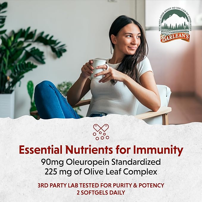Barlean's Olive Leaf Complex Softgels Immune Support Supplement with 90 mg Oleuropein Antioxidants, Concentrated Heart Health and Immunity Booster Pills, 120 Count