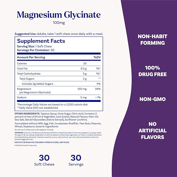 Natrol Magnesium Glycinate Supplements 100mg, Cherry Lemon Soft Chews for Healthy Sleep and Body, Magnesium Glycinate 100mg, Up to a 30 Day Supply