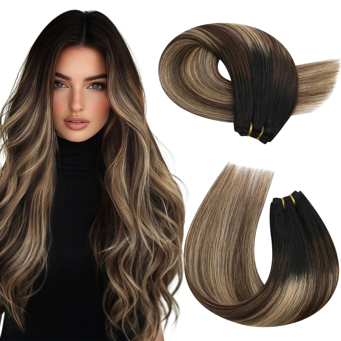 Moresoo Weft Hair Extensions Ombre Black Sew In Hair Extensions Real Human Hair Balayage Black To Brown Mix Caramel Blonde For A