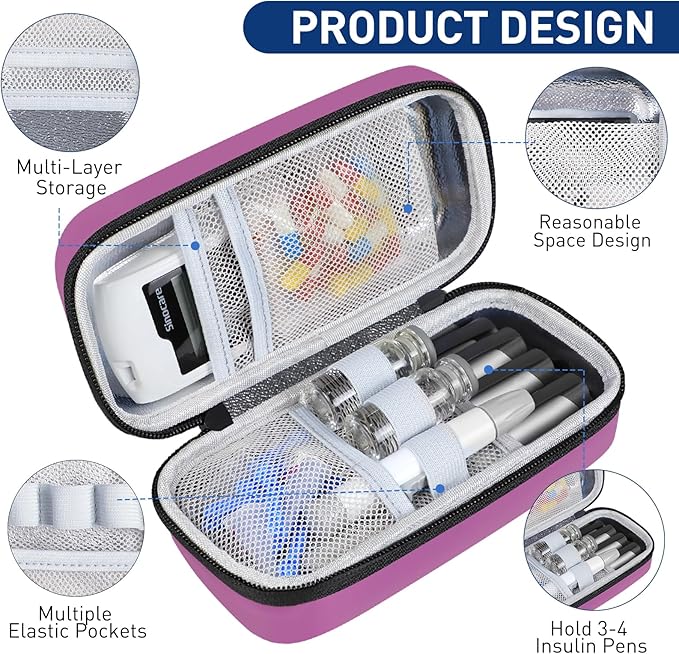 Insulin Cooler Travel Case, Portable EVA Medicine Travel Cooler, Diabetes Case with 2 Reusable Ice Packs TSA Approved for Diabetic Supplies Patent Pending(Purple-No Temp)
