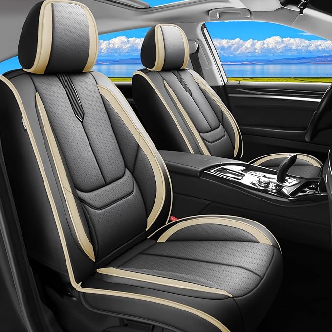Fit Camry Car Seat Covers for Toyota Camry 2012-2024 2025 2026 -Upgraded Premium Waterproof & Breathable Leather,Airbag Compatible,All-Weather Seat Cushion Protector,2 Front/Black-Beige