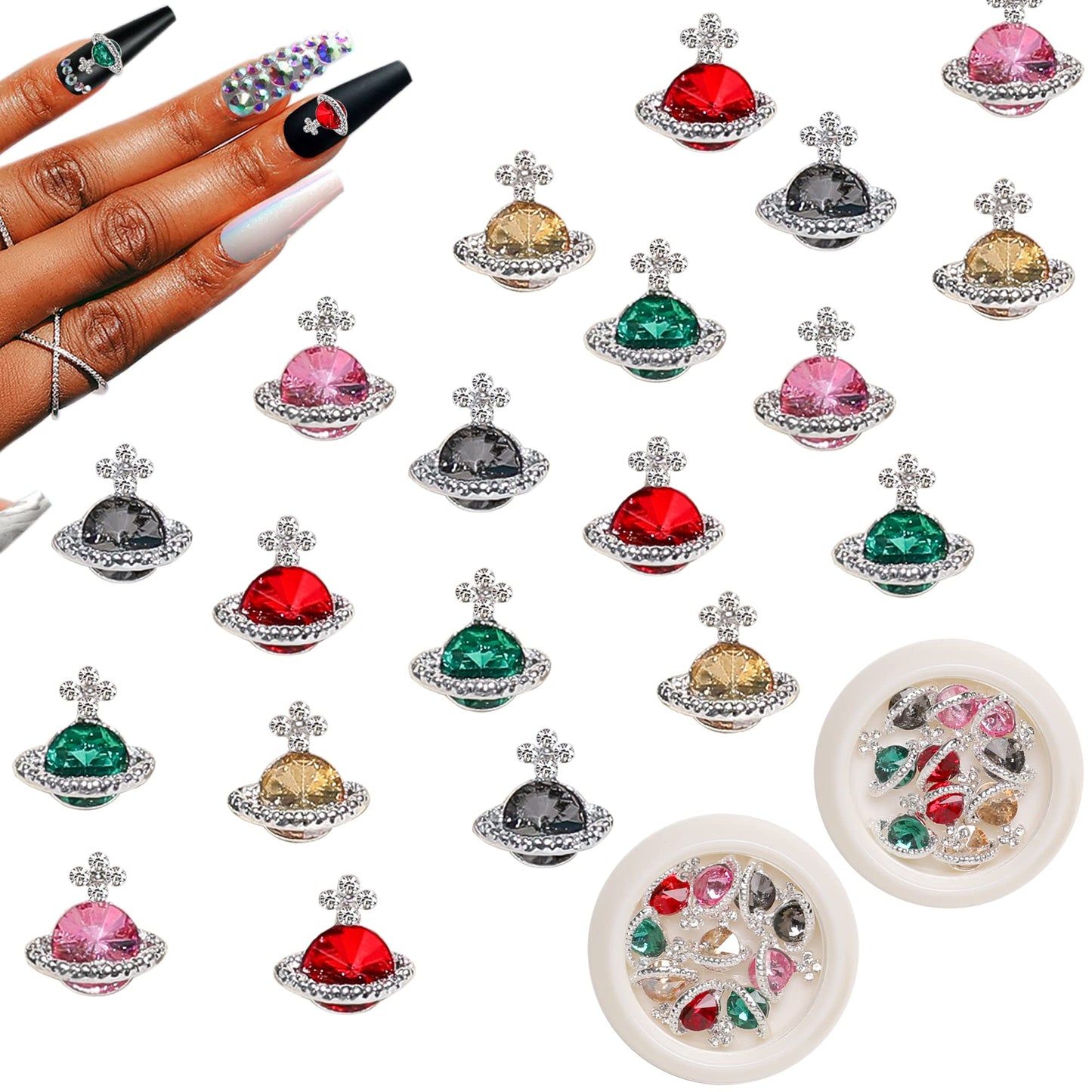Nail Charms,20 Pcs Planet Nail Charms For 3D Nail Art Decoration,Saturn Shape Chrome Nail Charms 3D Planet Nail Rhinestone Cryst