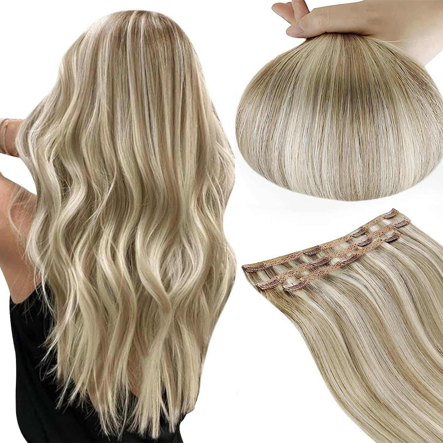 Runature Human Hair Clip In Extensions Ash Brown Highlight Platinum Blonde Clip In Hair Extensions 16 Inch Straight Clip In Hair