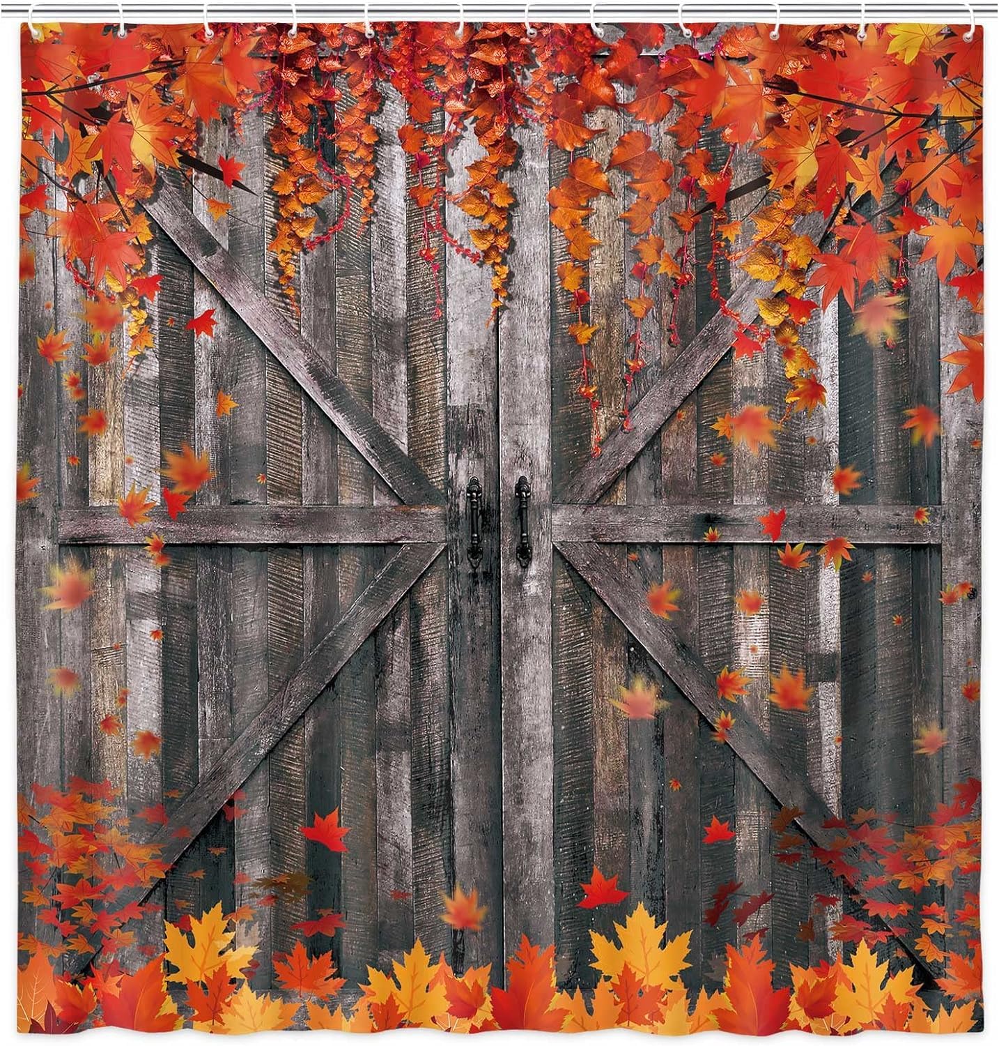 Rustic Fall Barn Door Shower Curtain Sets for Bathroom,Seasonal Theme Autumn Maple Leaves Bath Curtain, Retro Wood Board Thanksgiving Harvest Day Farmhouse Decoration Curtains with Hooks 72X84IN