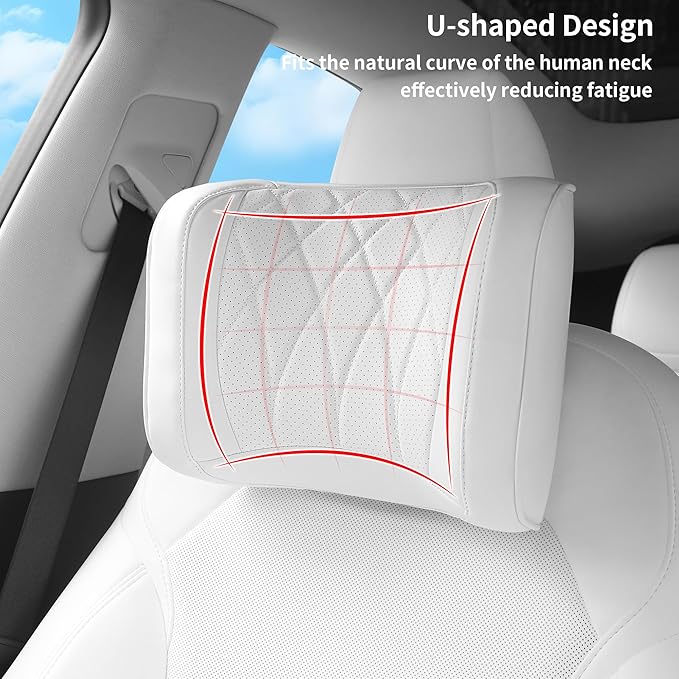Car Headrest Leather Memory Foam Neck Pillow for Driving with Leather Soft Comfortable Seat Head Pillow Cushion / Car Neck Pillow SUV Sedan Relieving Neck Stiffness Seat Neck Support Pillow White 2PC