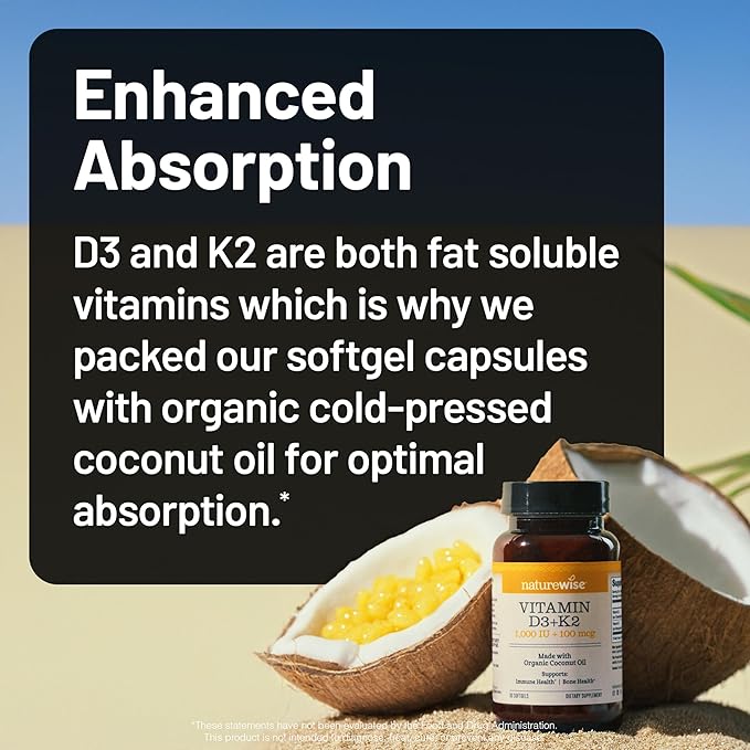 NatureWise Vitamin D3 1000IU + K2 (MK7) 100mcg with Organic Extra Virgin Coconut Oil - Supports Calcium Absorption, Bone & Immune Health - Non-GMO, Soy & Gluten-Free - 90 Softgels[3-Month Supply]