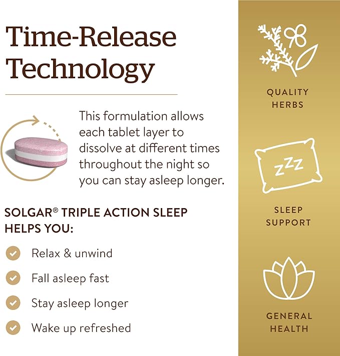 Solgar Triple Action Sleep, 90 Tri-Layer Tablets - Time-Release Melatonin & L-Theanine Plus Herbal Blend - Helps You Relax - Non-GMO, Gluten Free - 90 Servings