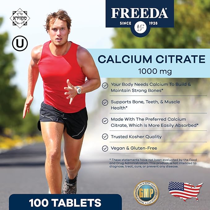 Freeda Calcium Citrate – Kosher Vegan Bone Strength Supplement – Supports Bone Density & Muscle Function – Calcium 1000mg per Serving – No Added Vitamin D – (100 Tablets)