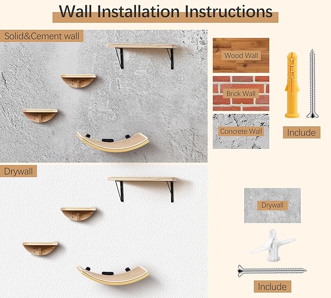 Wood Cat Wall Shelves with Sisal Cats Window Perch, Wall Mounted 4-Piece Cat Climbing Set with Curved Bed, Flat Perch and Sisal-Covered Steps
