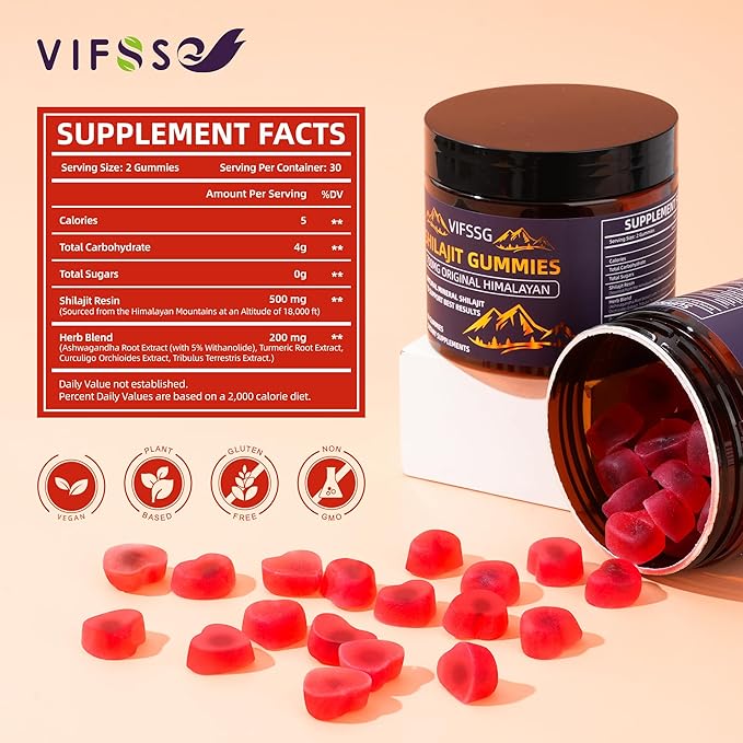 Shilajit Gummies, Sugar-Free Gummies, 500 Mg Shilajit Pure Himalayan Organic, Shilajit Supplement, Shilajit Resin, Gold Grade Nature Shilajit with 4 in-1 Complex for Energy Support, 60 Gummies