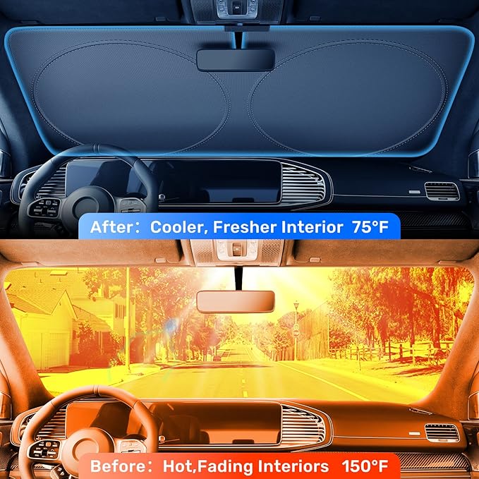 2025 Upgraded Zanch Car Front Windshield Sun Shade - Ultimate UV Protection & Heat Reductionlinnovative No-Light Leakage TechnologylFoldable DesignlPerfect Fit for Sedans Mini SUVs, Medium(64"X32")
