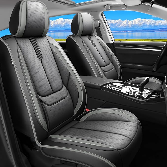 Fit Highlander Car Seat Covers for Toyota Highlander 2007-2026 -Upgraded Premium Waterproof & Breathable Leather,Airbag Compatible,All-Weather Seat Cushion Protector,2 Front/Black-Grey