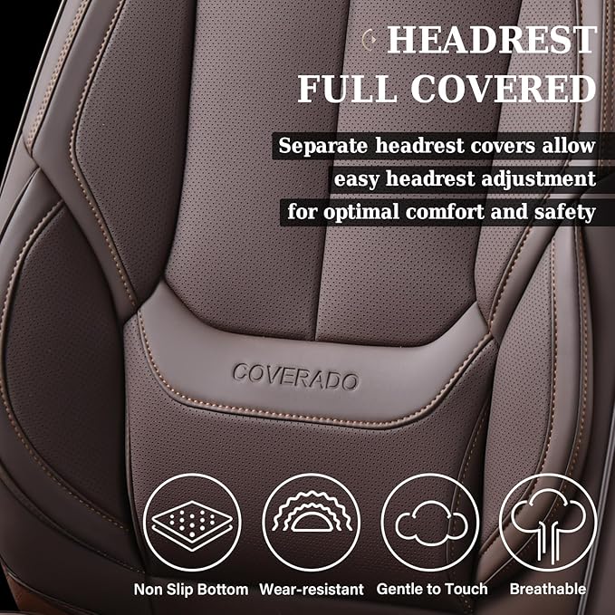 Coverado Front and Back Seat Covers, 5 Pieces Waterproof Nappa Leather Auto Seat Protectors Full Set with Head Pillow, Universal Car Accessories Fit for Most Sedans SUV Pick-up Truck, Brown