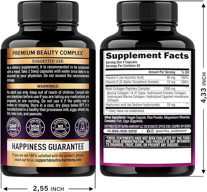 Multi Collagen Peptides - Hydrolyzed Types I, II, III, V & X - Collagen Supplement for Women 1300mg - w/ Hyaluronic Acid, Vitamins C & E - Skin, Hair, Nails & Joint Support - Made in USA, 120 Capsules