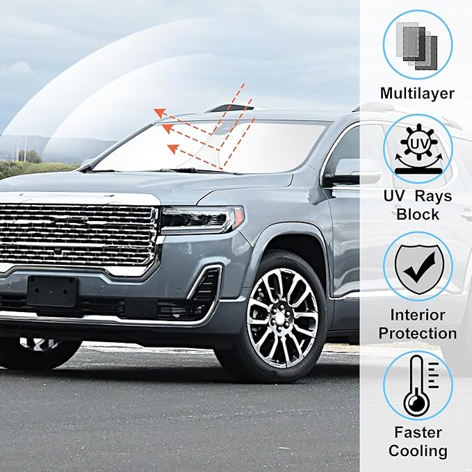 Windshield Sun Shade Custom Fit for 2017-2023 GMC Acadia SUV Accessories Foldable Sunshade Sun Blocker Protect Car from Sun Rays & Heat Damage Keep Car Cooler