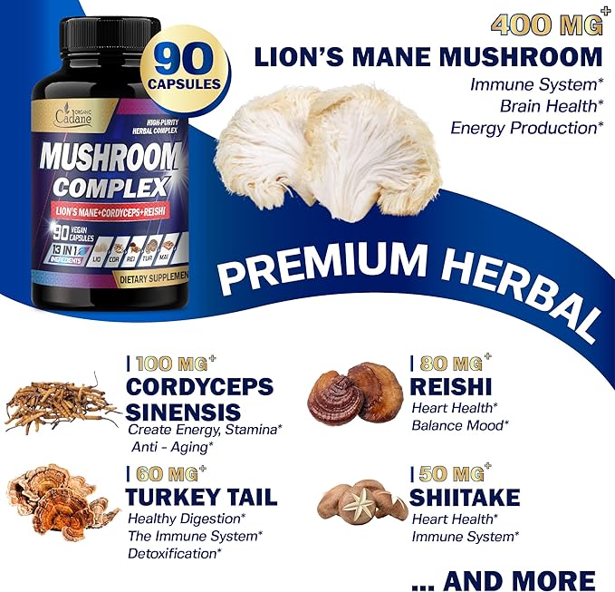 Cadane Mushroom Complex Supplements - 13in1 Concentrated with Lions Mane, Cordyceps Sinensis, Reishi, Turkey Tail Mushroom, Maitake, Chaga, Shiitake, Enoki, Agaricus, Oyster & More - 90 Vegan Capsules