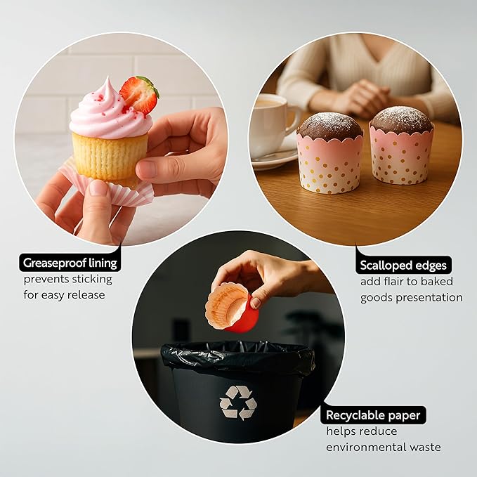 Restaurantware Baking Cups 200 Pack of 10 oz Paper Cupcake Liners Greaseproof Scalloped Oven-Safe Elegant Dessert Muffin Cups Disposable for Parties