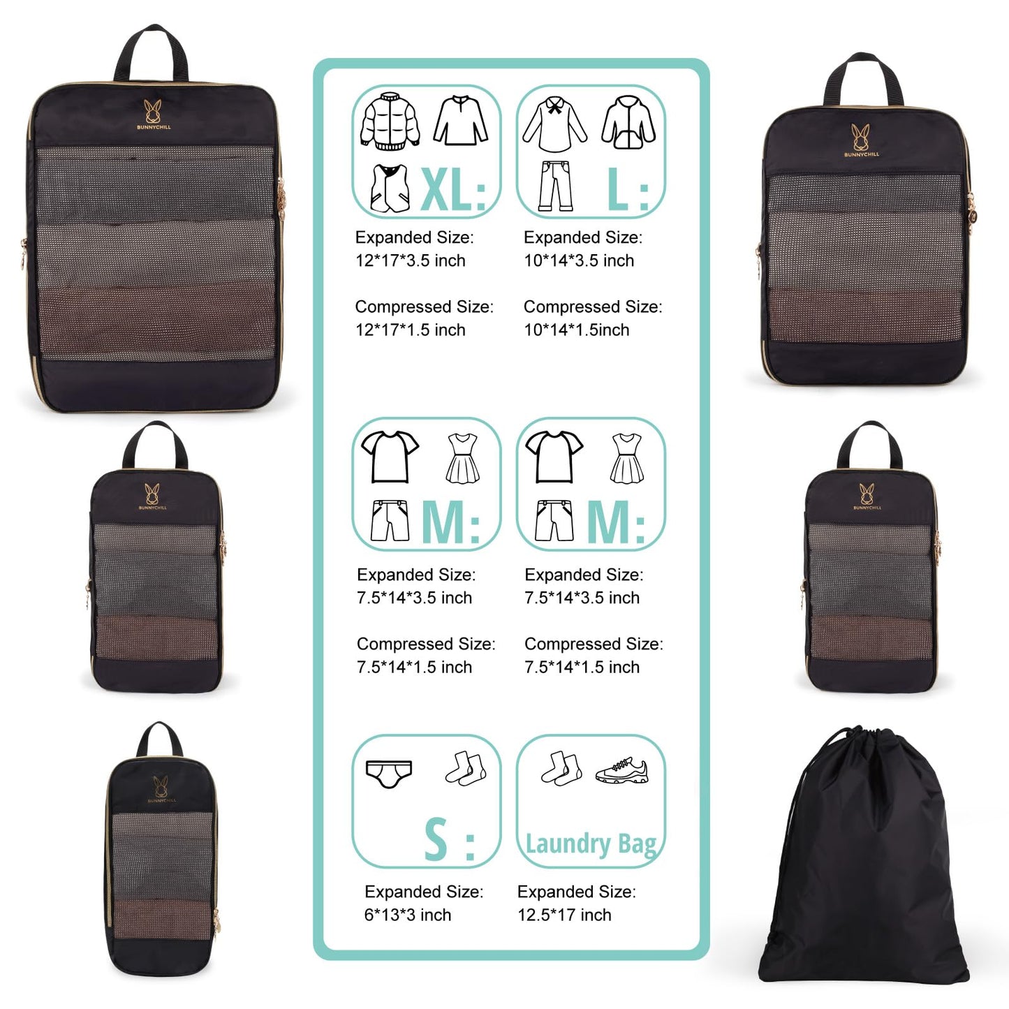Expandable Compression Packing Cubes for Suitcases,6 Set Lightweight Compressible Travel Packing Organizer for Carry on Suitcase,Organizer Bags Set as Travel Essentials for Women Black