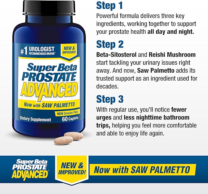 Advanced with Saw Palmetto - Prostate Health Supplements for Men, Bladder & Urinary Support with Beta-sitosterol, Reishi, Saw Palmetto, Vitamin D, Zinc Oxide, Selenium - 60 Count