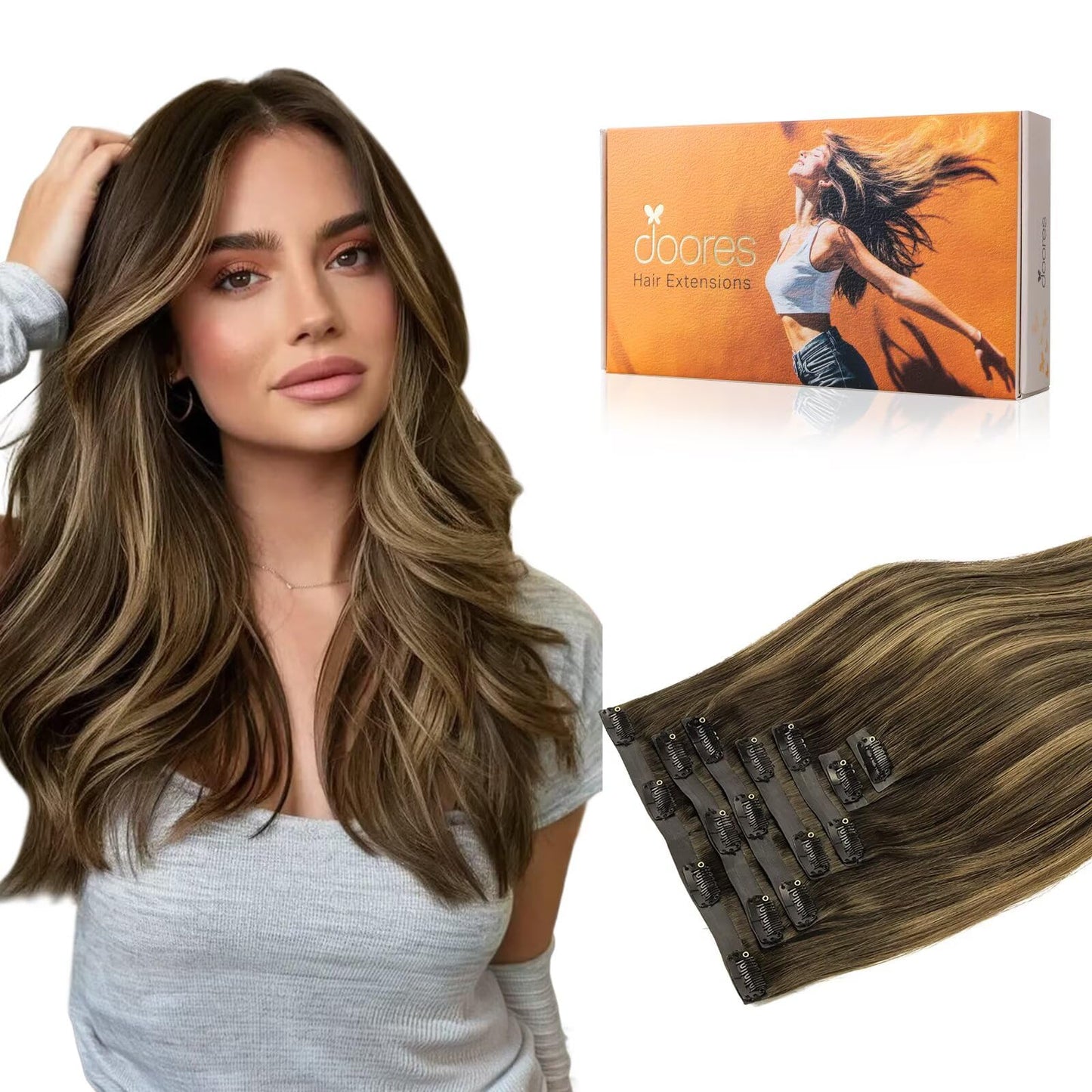 Doores Hair Extensions Real Human Hair, Chocolate Brown To Caramel Blonde 7Pcs 14 Inch 110G, Seamless Clip In Hair Extensions Hu
