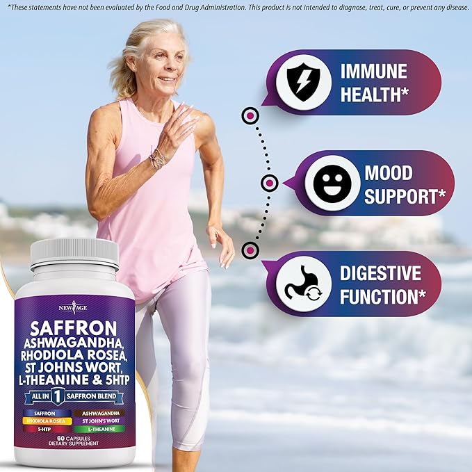 NEW AGE Saffron Supplements with Ashwagandha - Support with L-Theanine, Ginkgo Biloba, St. John's Wort, Rhodiola Rosea & 5-HTP - Saffron 180 Count