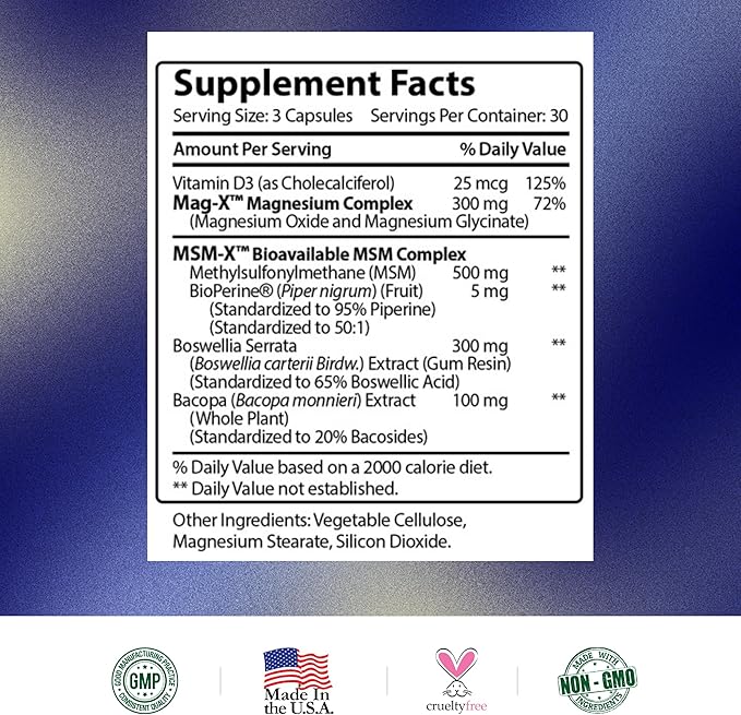 Research Verified Fibro Support - 90 Capsules - MSM, Magnesium, Vitamin D3, BioPerine - 1 Month Supply - Vegan