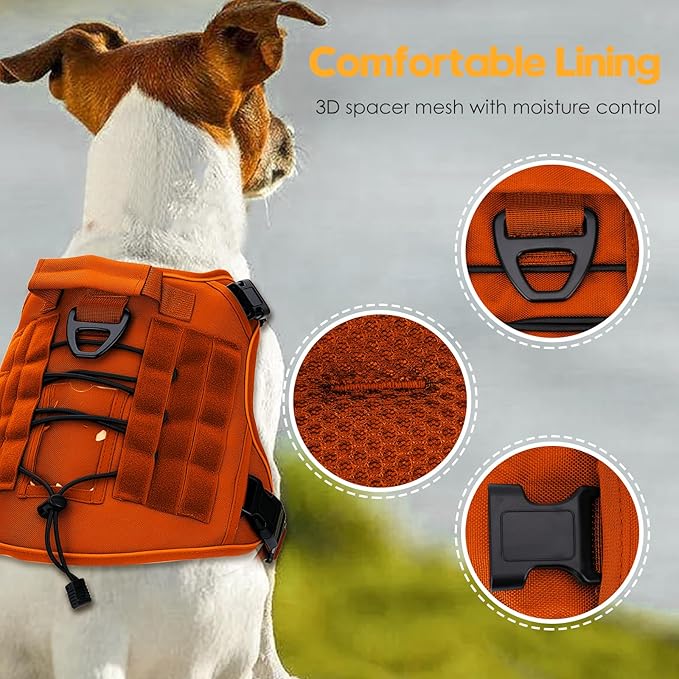 Heavy-Duty Tactical Dog Harness for Large Dogs, No Pull Adjustable Reflective Pet Vest with Molle System, K9 Military-Grade Control for Service Training, Outdoor & 10+ Breeds, Orange, X-Large