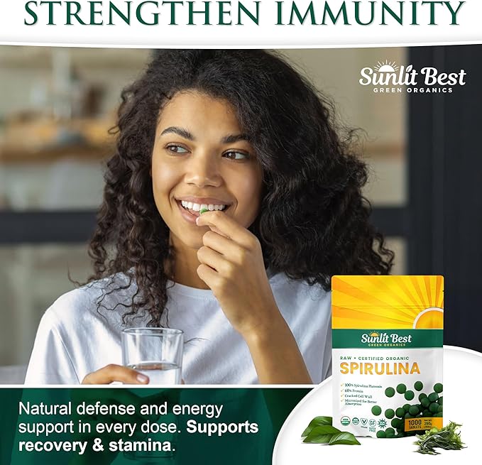 Sunlit Best - USDA Organic Spirulina Tablet - Natural Super Greens Supplements for Immune Support, Gut Health & Boost Energy Tablets with Chlorophyll, Vegan & High Protein Non GMO, 1000 Superfood Tabs