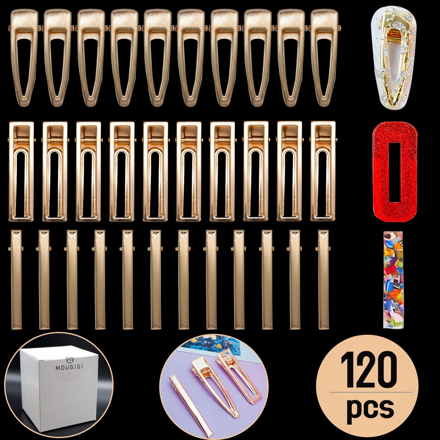 Mougigi 120 Pcs Gold Metal Hair Clips - Smooth Alligator Clips For Hair, Duck Bill Design For Secure Hold - Ideal For Styling, M