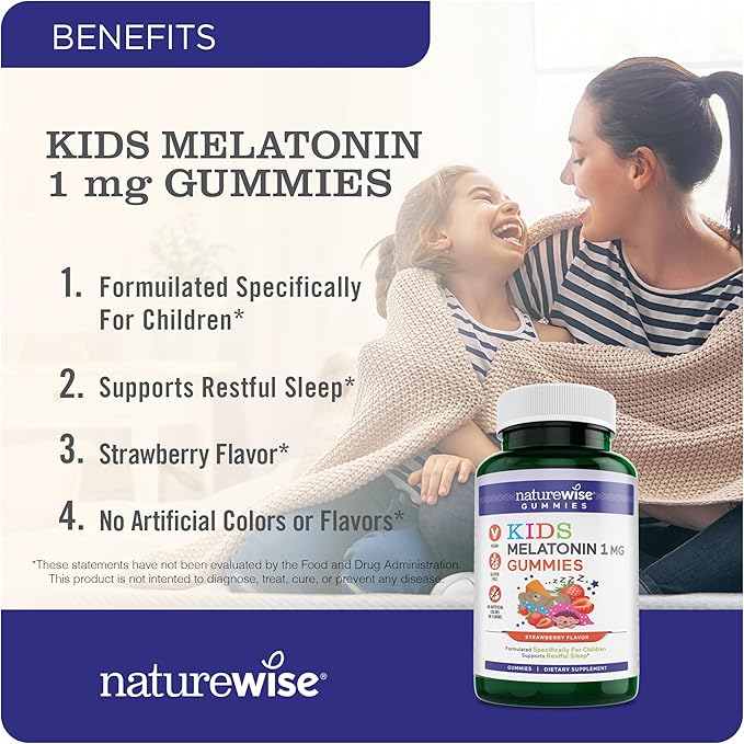 Naturewise Kids Melatonin Gummies 1 mg - Drug-Free, Non-Habit Forming Sleep Aid for Children Ages 4 & Up - Strawberry Flavored Gummy Bears - Vegan, Gluten Free, Non-GMO - 90 Count[3-Month Supply]