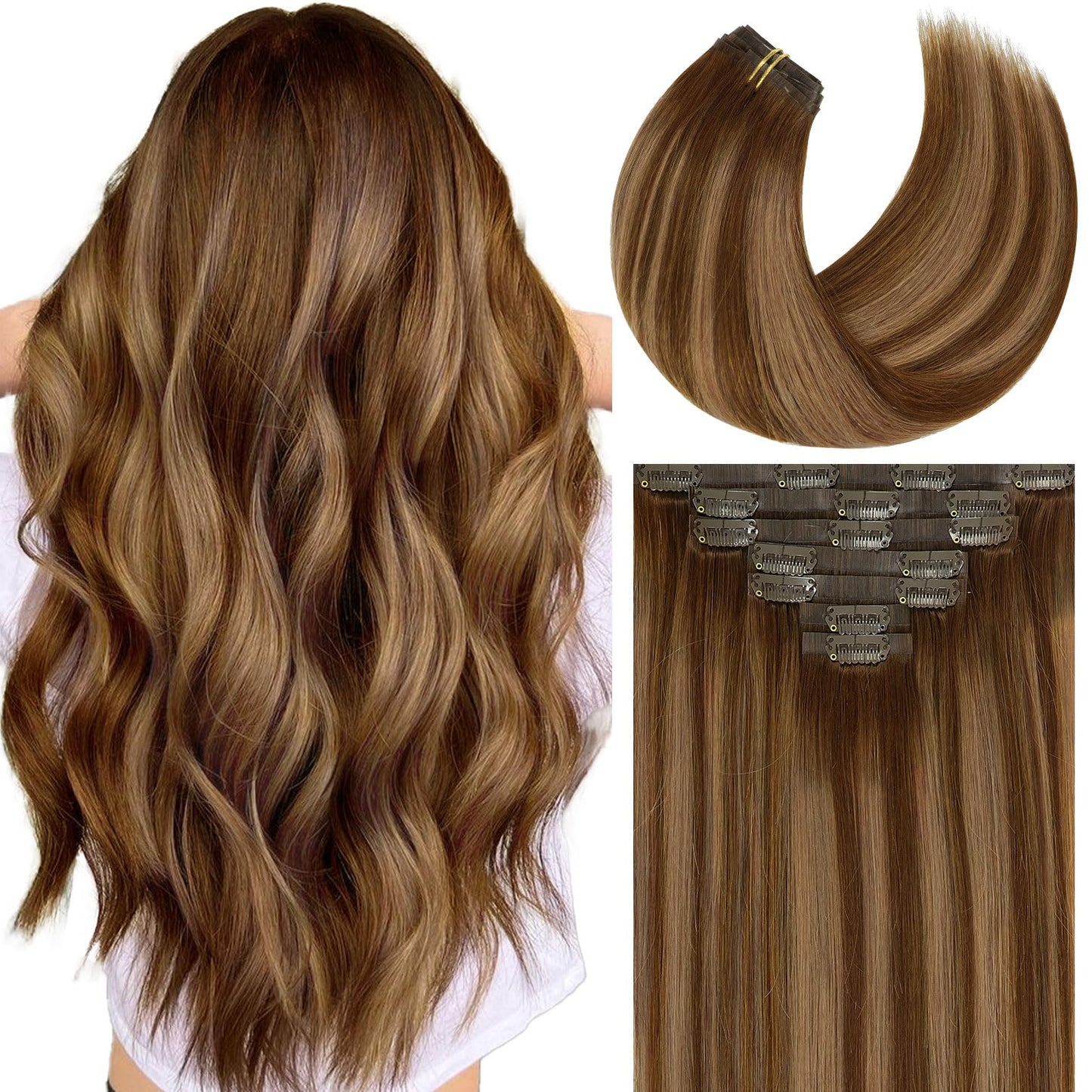 Caliee Seamless Hair Extensions Clip In Human Hair Ultra Thin Double Pu Skin Weft Real Human Hair Extensions R4-4/27 Chocolate B