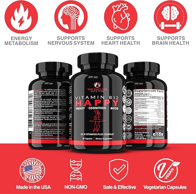 THE ENCLARE NUTRITION Vitamin B12 - B Complex Vitamins Supplement-Energy Metabolism, Nervous System Support, Brain, Heart, Tissue Health with Vitamin C & B(1,2, 3,5,6,7,8,9,12) Vegan Max Strength (3)