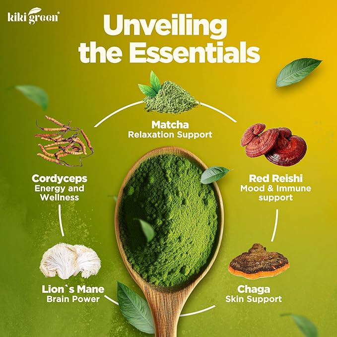 KIKI Green Mushroom Matcha Super Blend - Matcha Powder with Lion's Mane, Chaga, Reishi, Cordyceps - Mushroom Coffee Alternative for Energy, Focus, Immunity - 8 oz, 40 Servings