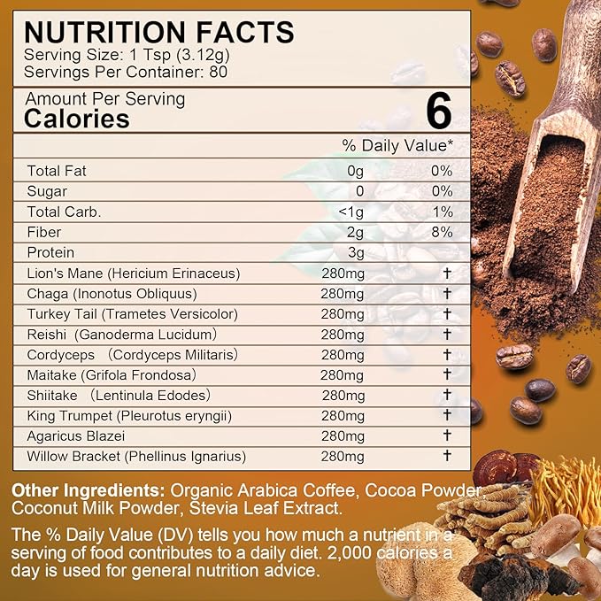 Mushroom Coffee - Lions Mane Mushroom Powder Instant Coffee with Lion's Mane, Reishi, Chaga, Cordyceps, Turkey Tail - 250g Mushroom Coffee Alternative for Energy, Mental Clarity & Focus, Brain Booster