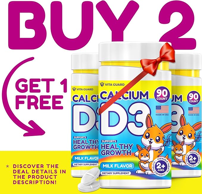 Calcium D3 Chewable Tablets for Kids – 640 mg Calcium & 320 IU Vitamin D3 – Non-GMO, Milk Flavor – Bone & Teeth Support Supplement – 90 Tablets for Ages 2+