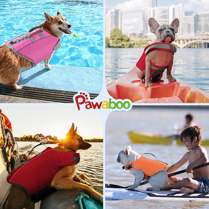 Pawaboo Dog Life Jacket, Reflective Dog Safety Vest Adjustable Pet Life Preserver with Strong Buoyancy & Sturdy Rescue Handle, Ripstop Dog Lifesaver Vests for Swimming, Boating, L, Pink