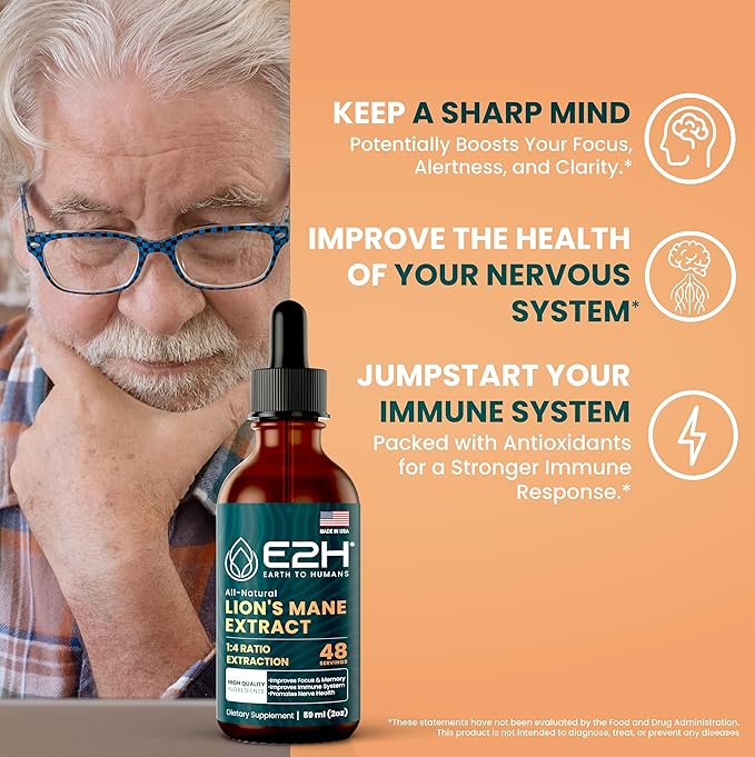Lions Mane - Lions Mane Supplement - Promotes Mental Clarity, Memory & Focus - Lions Mane Liquid for Immune Support - Mushroom Tincture - 2 Fl Oz by E2H